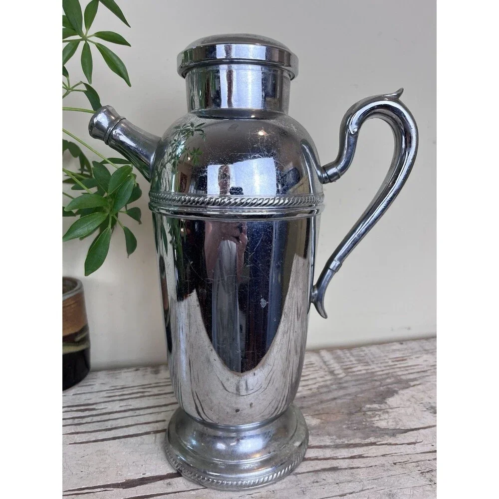 Vintage MCM Chrome Cocktail Pitcher Shaker Chrome Plated Martini Barware Deco